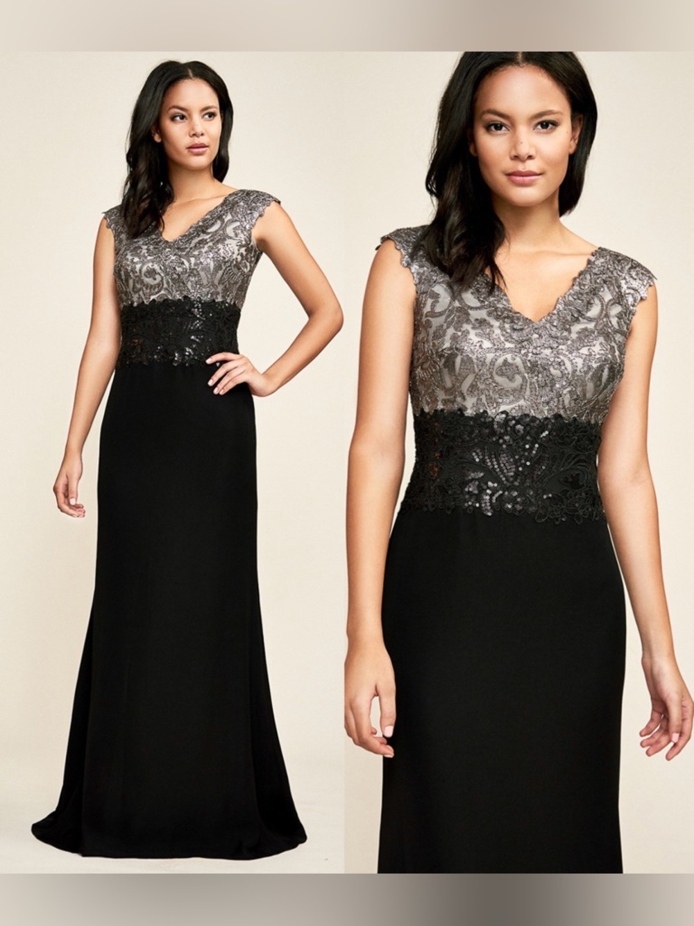 Tadashi Shoji Sequin Lace Bodice Dark Pearl & Black Crepe Rema
Dress Gown